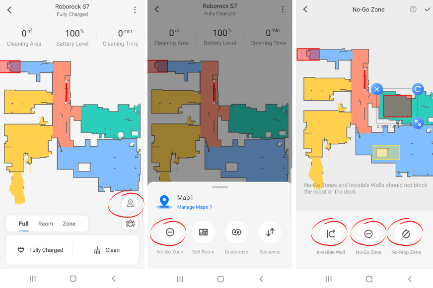 Setting up No-Go Zones and No-Mop Zones in the Roborock App.